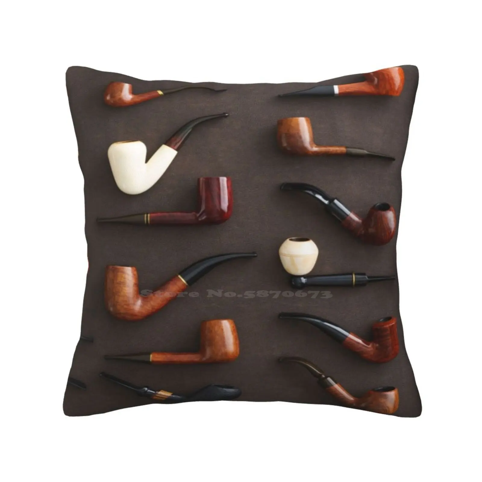 Collection Of Pipes Funny Cute Decor Square Pillowcase Arranged Arrangement Assortment Brown Collection Faux Leater Flat Lay