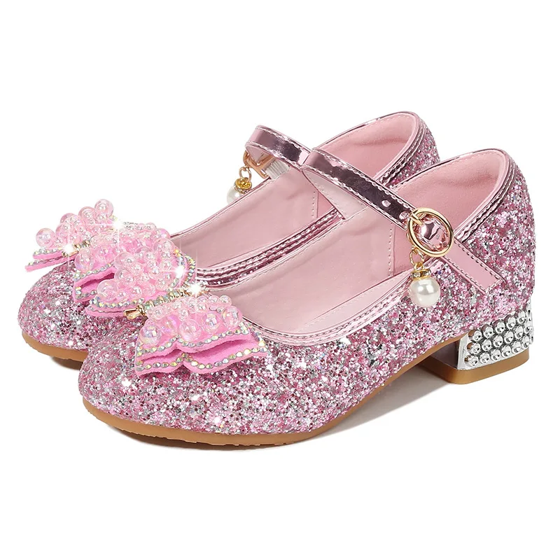 2024 New Children High Heels Rhinestone Pearl Bow Princess Girls Party Dance Leather Shoes Crystal Butterfly Kids Wedding Shoes