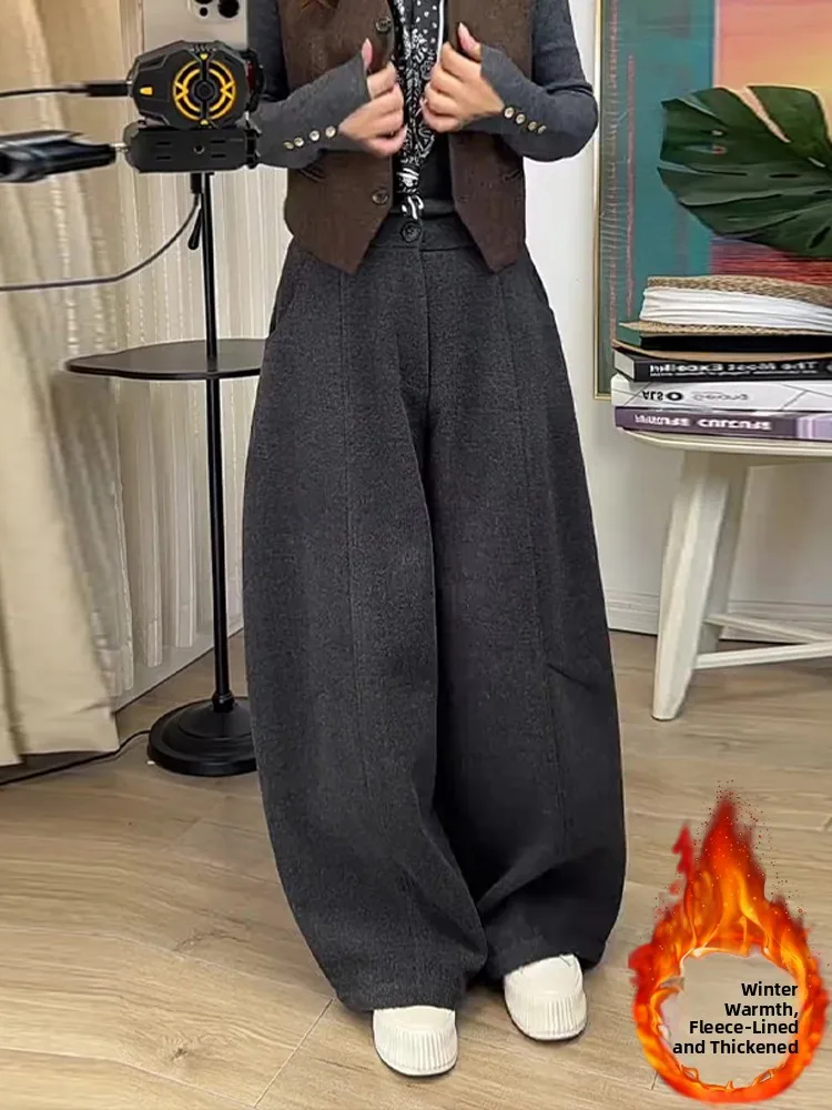 

Шерстяные брюки-палаццо женские осенне-зимние утепленные с высокой талией, прямого кроя, свободные повседневные брюки