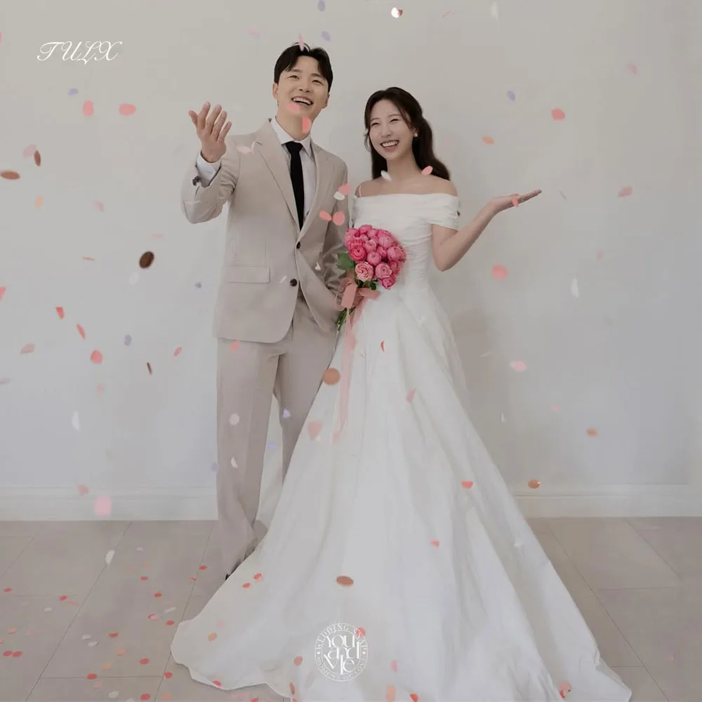 تولكس بسيط ألف خط فستان زفاف طويل كوريا صورة تبادل لاطلاق النار قبالة الكتف العاج التفتا فستان زفاف مشد مخصص  ওয়েডিংddeريس 2026