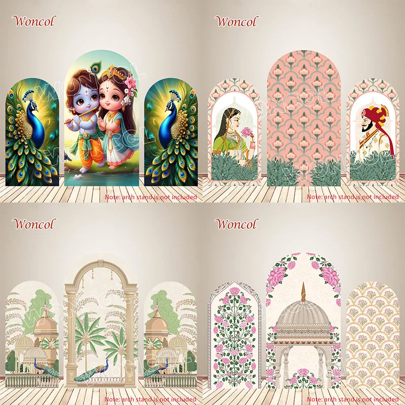 Krishna Radha Arch Cover Indian Wedding Baby Shower Backdrop Polyester Double-Sided Peacock Arch Backdrop Pooja Background Decor