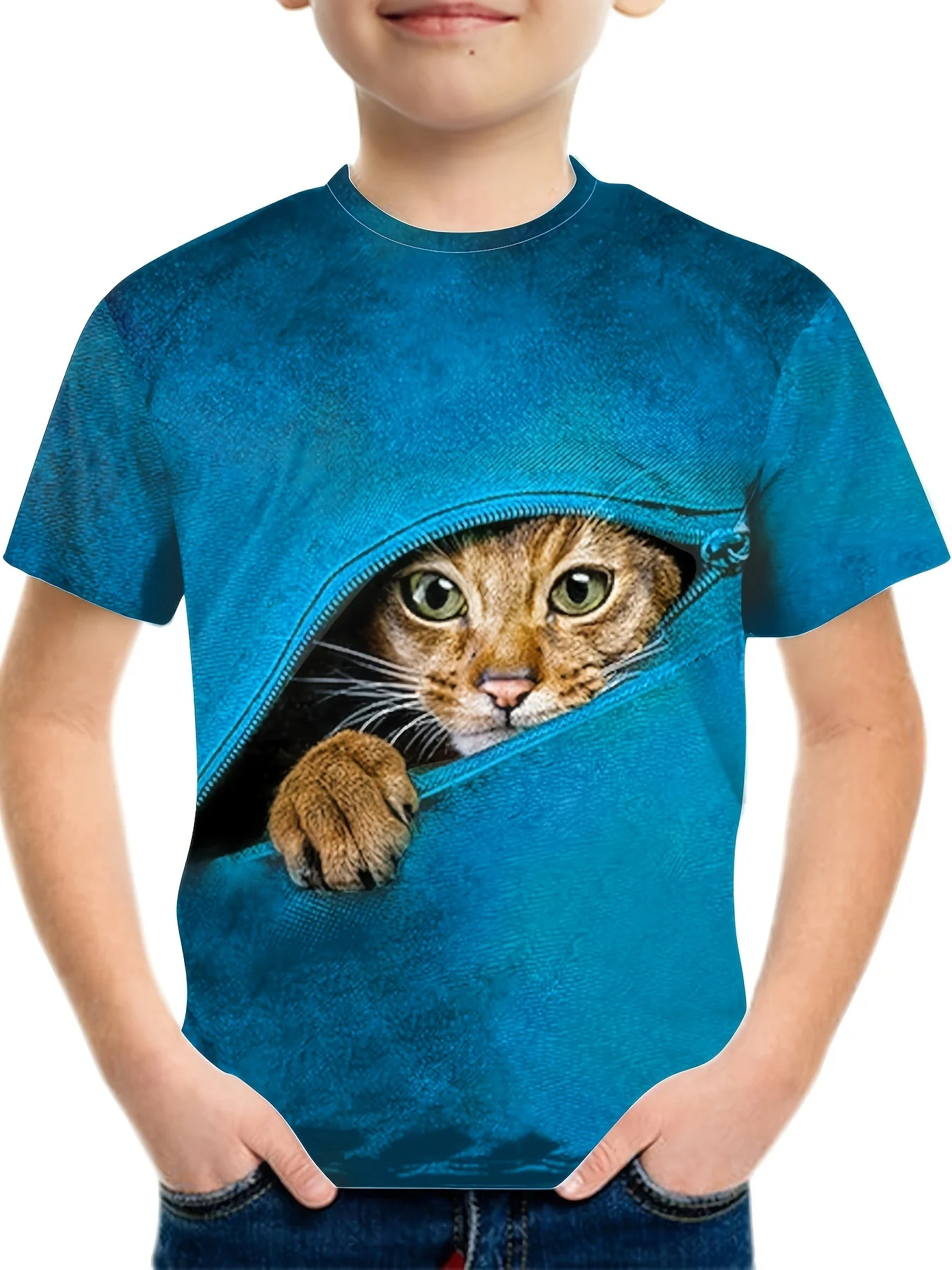 Boyszipper and cat printed T-shirts casual breathable3D printed T-shirtsoutdoor children family three-piece short-sleeved shirts