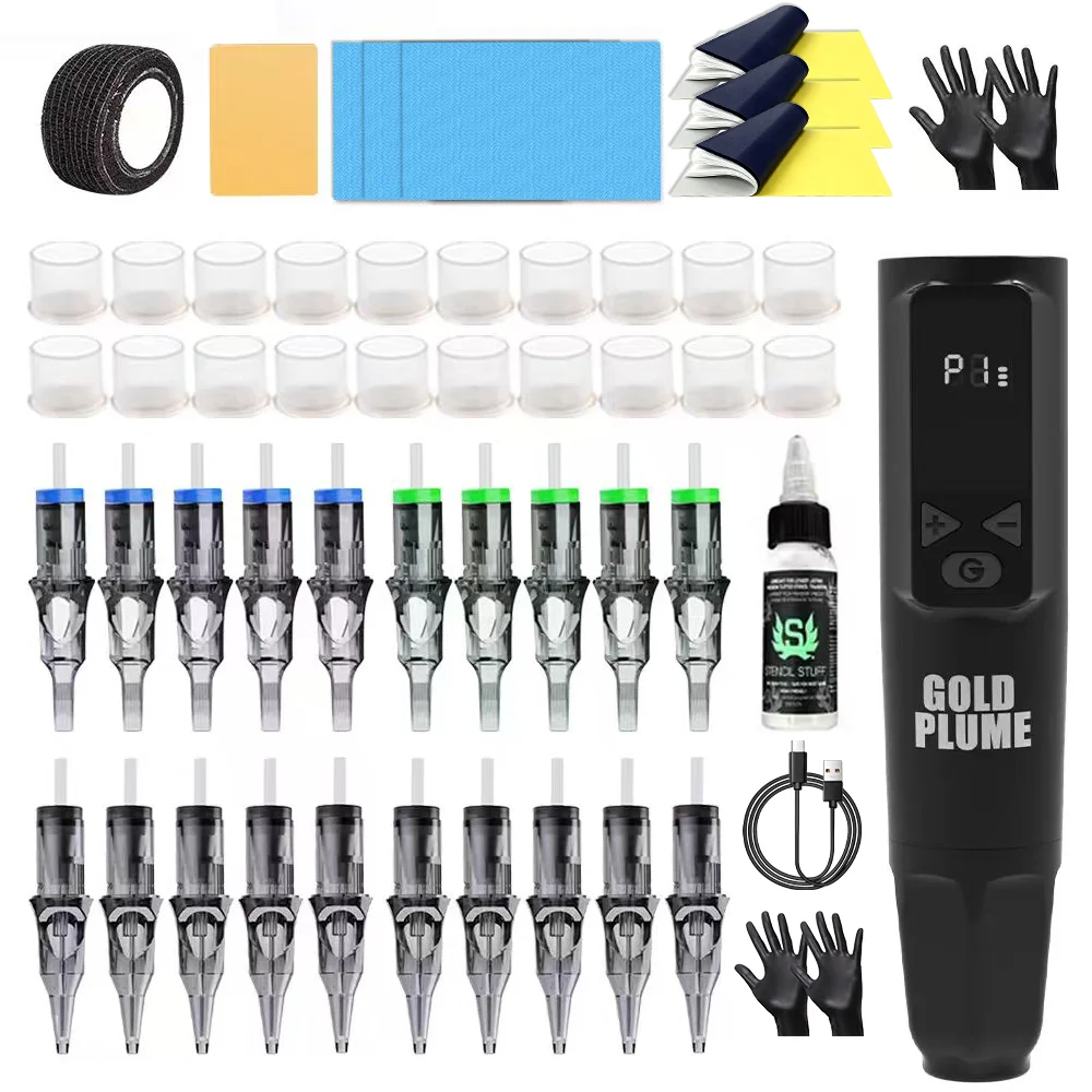 GoldPlume Wireless Tattoo Pen Kit with LCD, 20 Cartridge Needles, Stencil Gel, Ink Cups, Gloves & USB Cable for Beginners