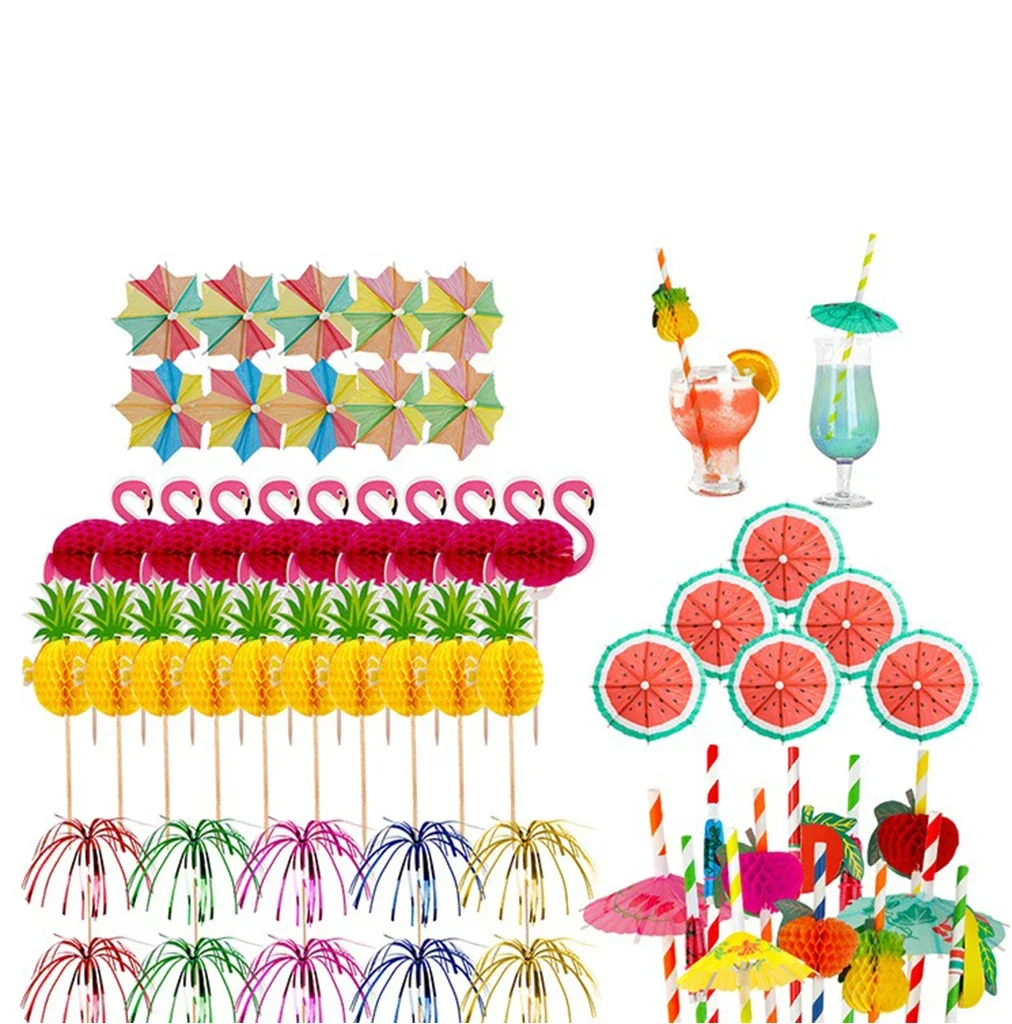 

70pcs/90pcs Hawaii Festival Party Decor Disposable Umbrella Toothpick Honeycomb Fruit Paper Straws Aloha Hawaiian Party Supplies