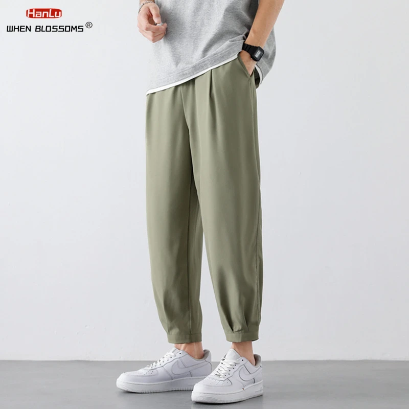 Brand Men\'s clothing 2024 Summer New Solid Color Simple Cropped Pants Cool Breathable Light Casual Fashion Man pants M-5XL