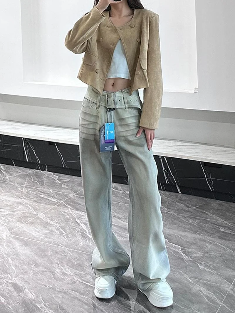 Retro Design Waist Belt Denim Jeans Women's Fall New Style Spicy Girl Faded Washed Dirt Dyed Floor-Length Pants