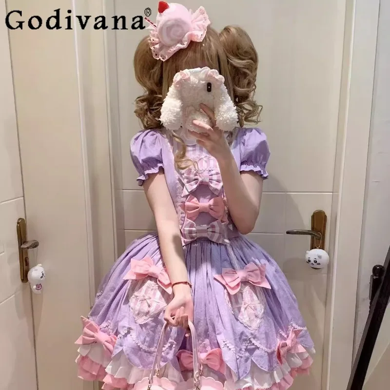 

Purple Polka Dot Vintage Dress for Women Japanese Style Sweet Cute Short Dress Female Short Sleeve Princess Party Dress