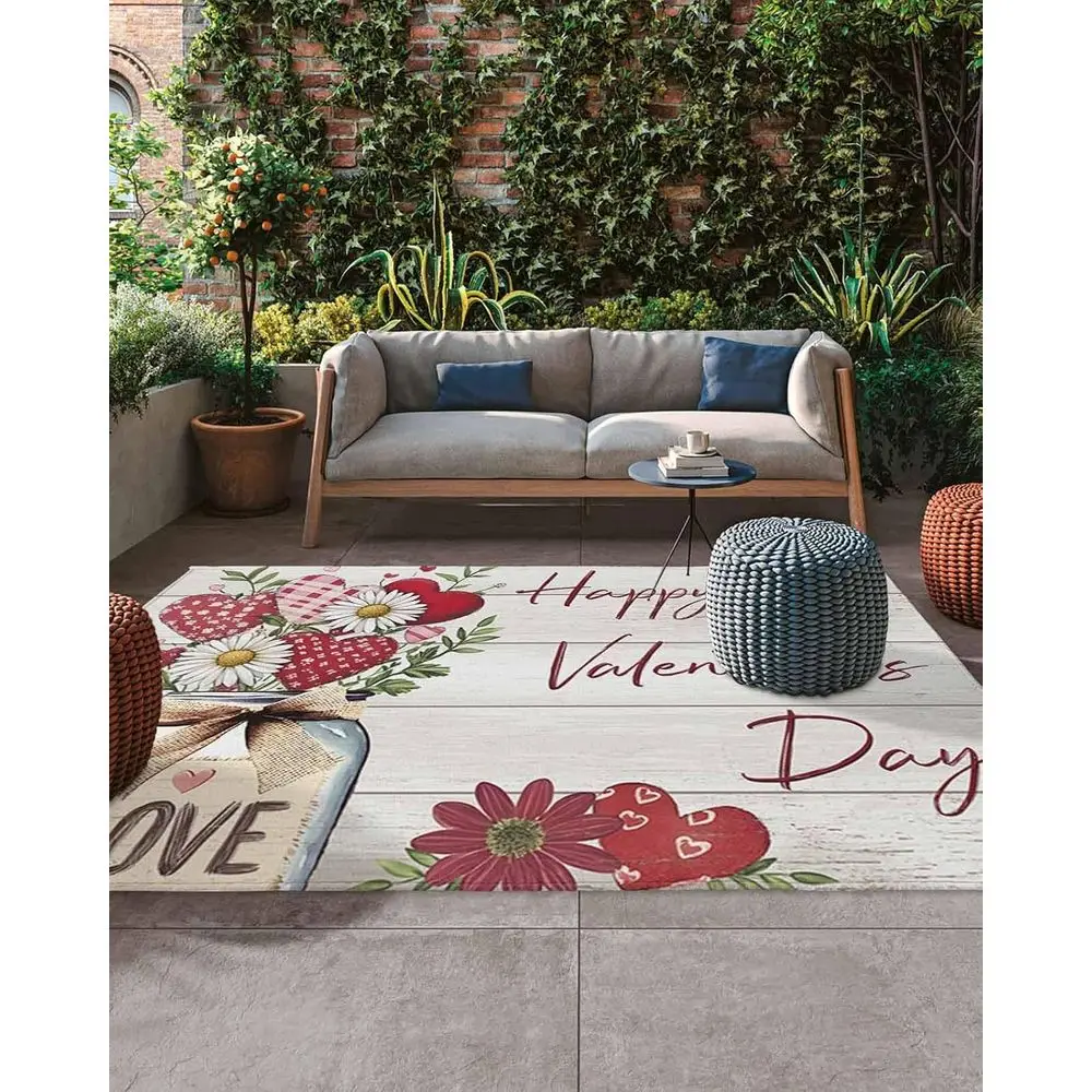 

Коврик для патио на открытом воздухе длиной 5x8 футов на День святого Валентина с дизайном ромашки и листьев, идеально подходит для террасы, заднего двора, крыльца