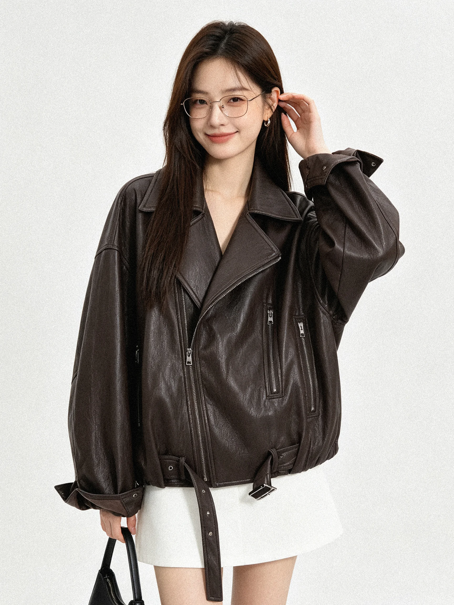 2026 New Style American Motorcycle Jacket Women's PU Leather Short Coat Flip Collar Slimming Versatile Korean Standard Fit