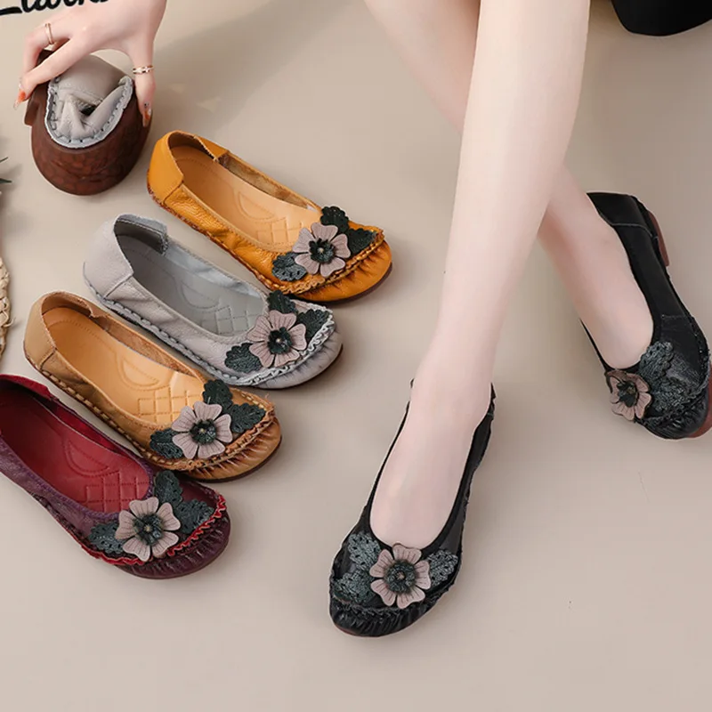 

Women's Cowhide Leather Flat Shoes Retro Boho Shoes Women Genuine Leather Loafers Ladies Luxury Flats Ethnic Style Dressy Shoes