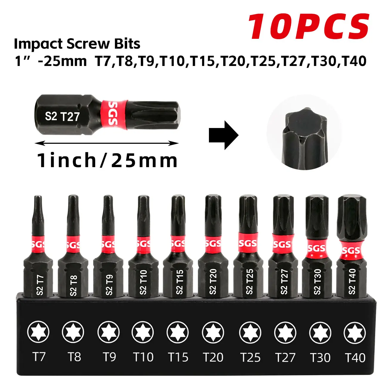 Sgs, 10-Piece Set of Star-Shaped Impact Bits, Compatible with Multiple Models, 25mm Long, Magnetic Torx Bits, Made of S2 Steel, Suitable for Electric Drills and Electric Screwdrivers, Suitable for Home Diy, Automotive, and Mechanical Equipment Repairs
