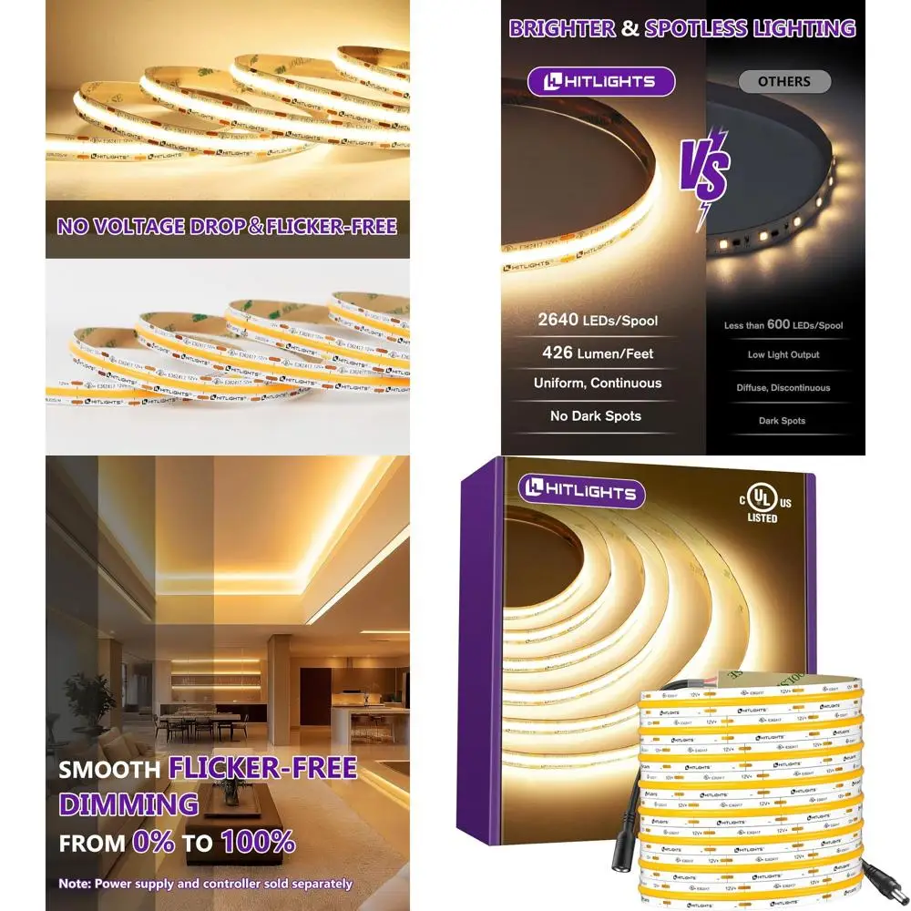 

12 В, 3000 К, теплая белая светодиодная лента, 16,4 фута, 2640 светодиодов, 426 лм/фута, CRI 90+, IP30, высокая плотность для кухни и шкафов, внесен в список UL