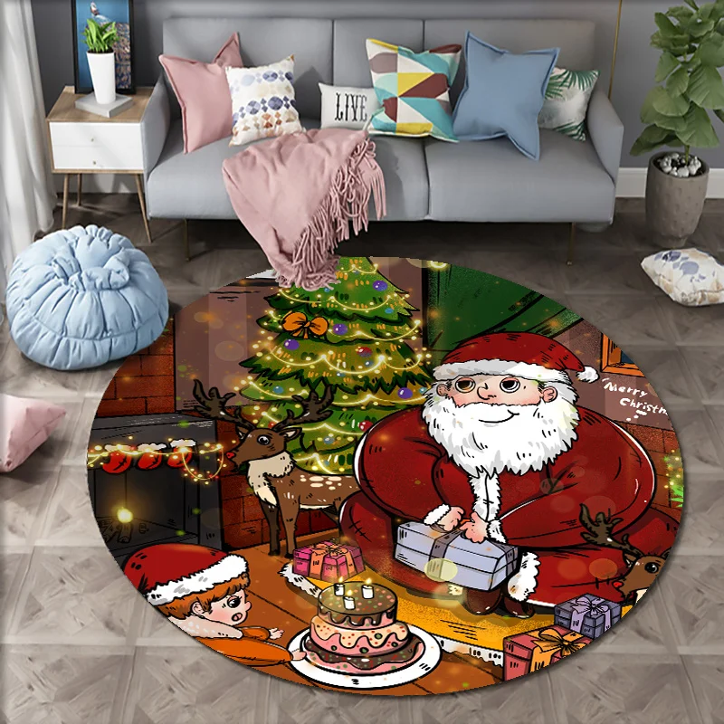 Cartoon Xmas Carpet Round Rugs Santa Sofa Rug Home Living Room Bedroom Bathroom Floor Mats Print Decorate Carpet