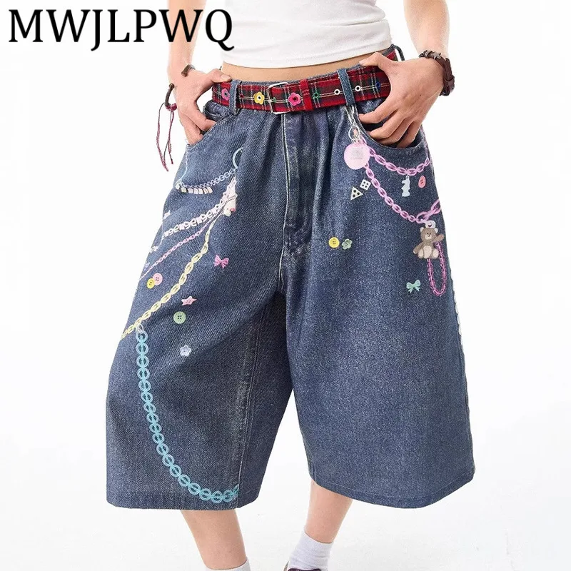 

MWJLPWQ Print 3D Colorful Chain Casual Jeans For Men American Hophop Versatile Shorts Trend High Street Summer Denim Pants 11986