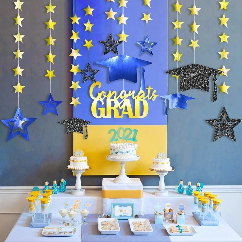 

13Pcs Blue Gold Graduation Party Decorations Black Cap Decor Congrats Grad Banner Star Hat Garlands Classroom Ceiling Home Decor