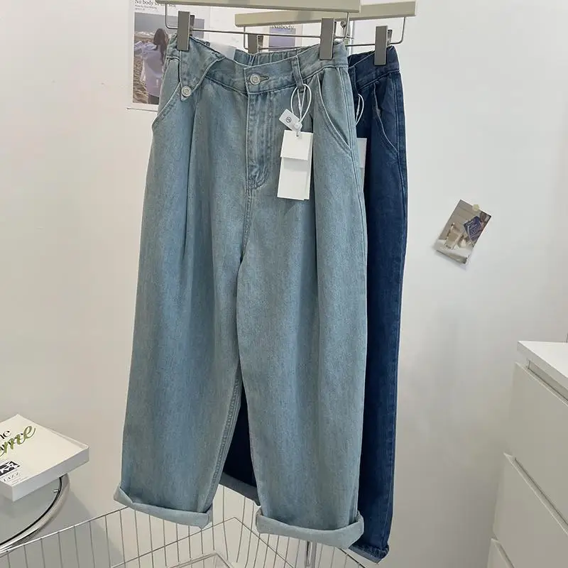 

Синие джинсы из выцветшего денима большого размера для мужчин и женщин, летние винтажные свободные брюки-бананы, прямые штаны, износостойкие повседневные брюки
