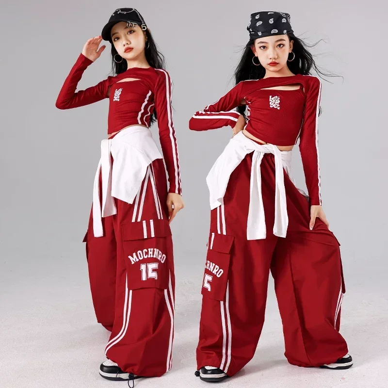 Girls Hip Hop Street Dance Costume Red Vest Loose Pants 2025 Performance Modern Dancing Clothes Sets Teenagers Jazz Stage Outfit
