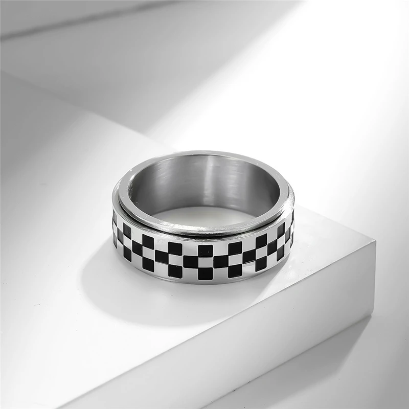 Match Flag Go Black White Square Checkered Rotatable High Quelity Fine Stainless Steel Male Female Ring Polished JZ608