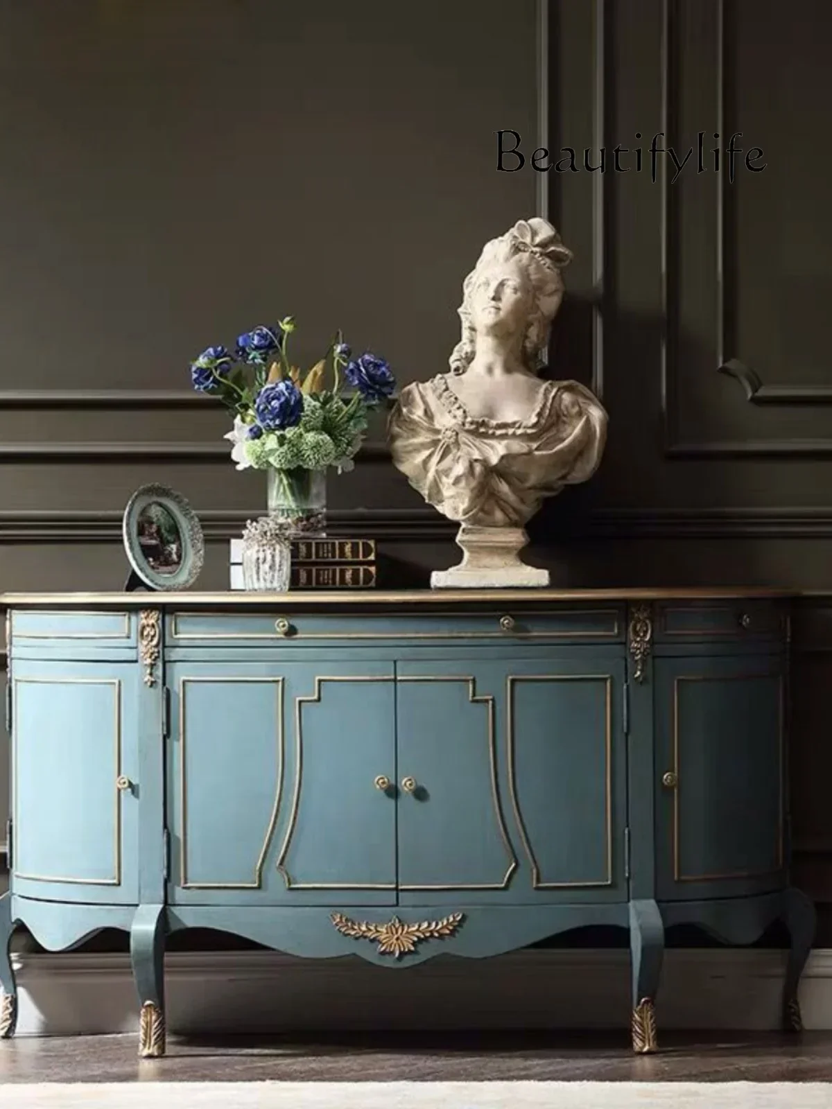 X French Style American Light Luxury Entrance Cabinet Entry Door Hall Solid Wood Carved Shoe Cabinet  Semicircle Decoration