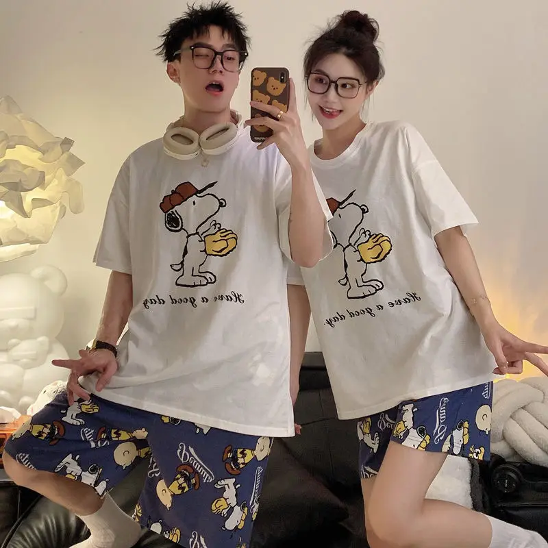 

Пижамы для пар из чистого хлопка с рисунком Снупи, летние женские домашние костюмы, мужские шорты с короткими рукавами, комплект можно продавать на открытом воздухе, оптовая продажа
