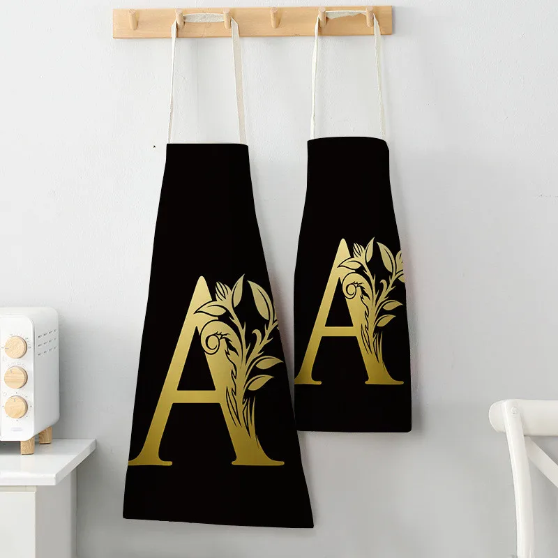 Letter Apron Black Golden Flower Kitchen Aprons for Women Cotton Linen Bibs Household Cleaning Pinafore Home Cooking