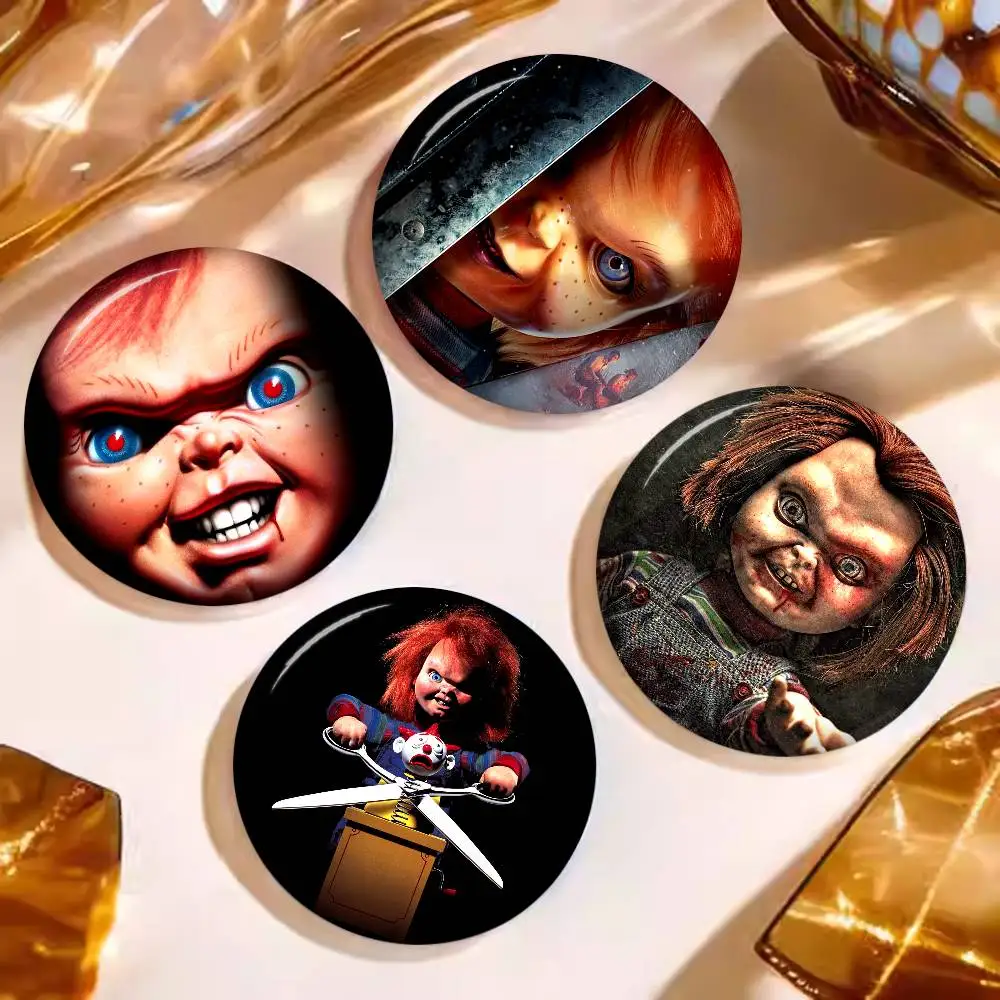 C-Classic-Chucky-Horror-Movie Round Button Pins Slogan Creative Brooches Backpack Clothes Decoration Fashion Cartoon Jewelry
