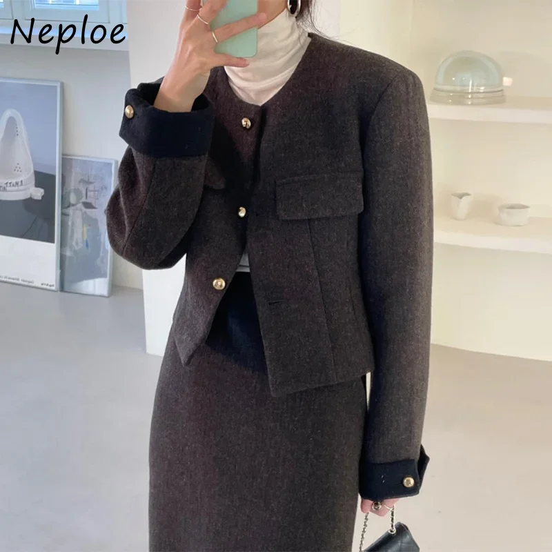 Neploe Y2k Autunno Inverno Giacca Donna O Collo Colore a contrasto Cappotto a maniche lunghe monopetto Slim Chaquetas Jaqueta Feminina