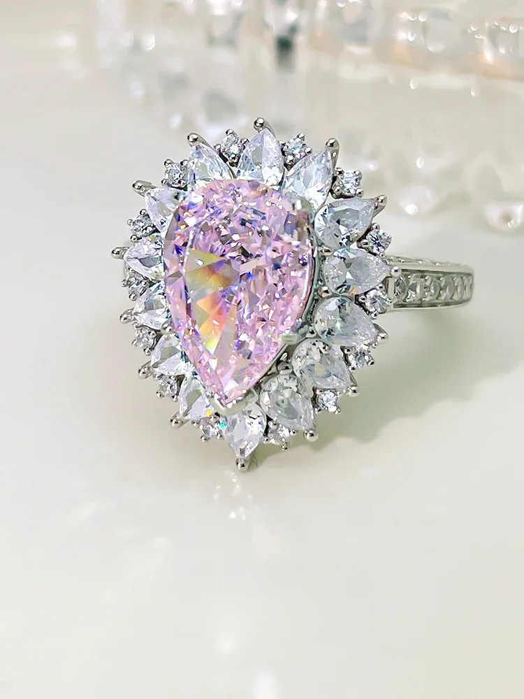 Light Luxury Sweet Pink Diamond Droplets 925 Silver Temperament Ring Set with High Carbon Diamond Wedding Jewelry