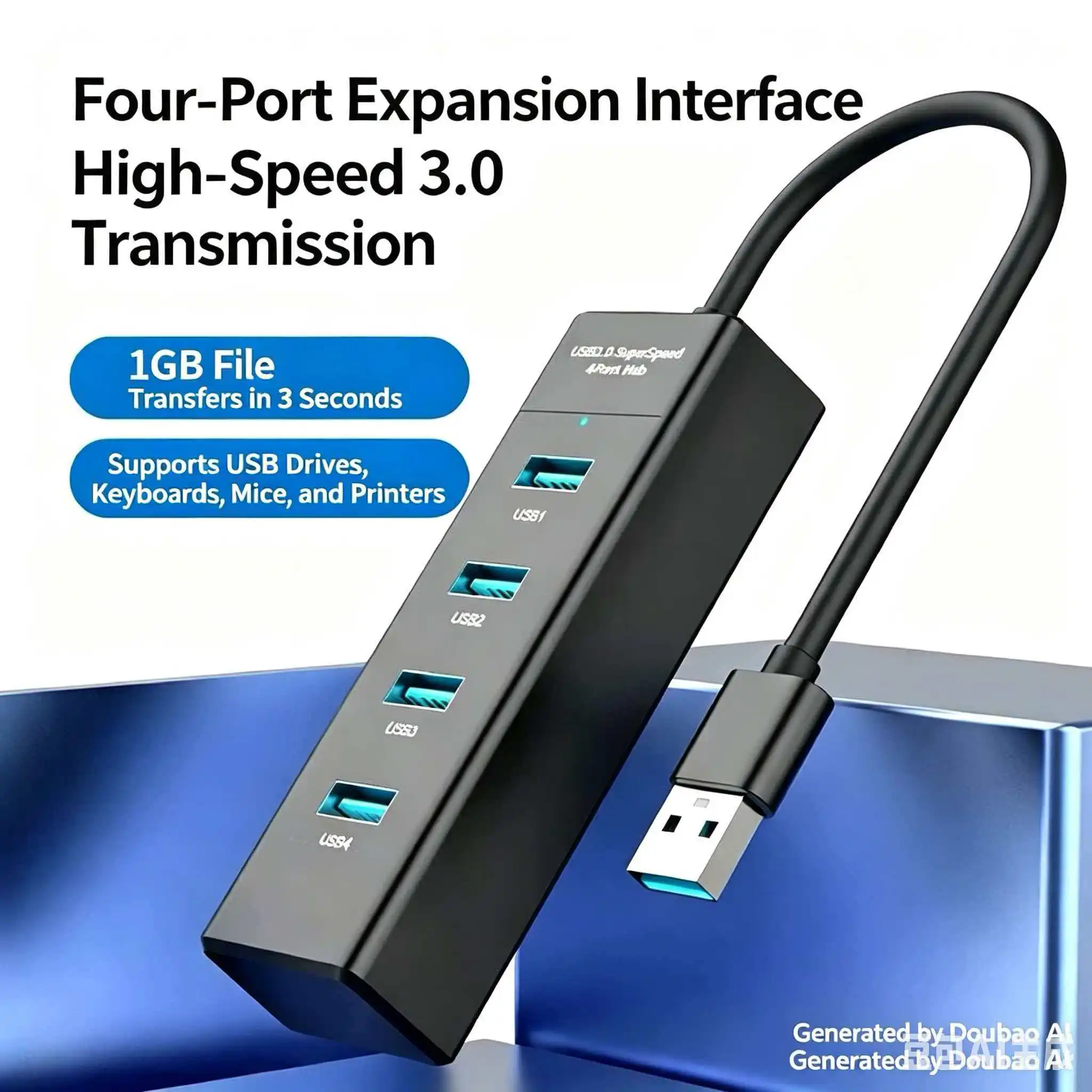 USB 3.0 4-Port Hub, High-Speed Data Transfer Multi Splitter Adapter for Laptops, PCs, Flash Drives & More