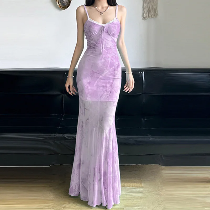 فستان نسائي لربيع وصيف منعش أخضر نعناعي شبكي فستان قصير دانتيل مرقع عالي الخصر حورية البحر فستان ماكسي للحفلات المسائية