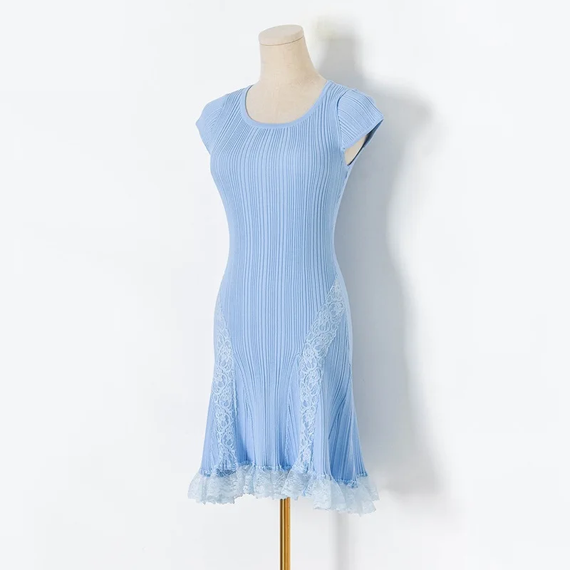 

Women Knitting Cotton Dress fashion Short Sleeve Lace A-Line Dresses