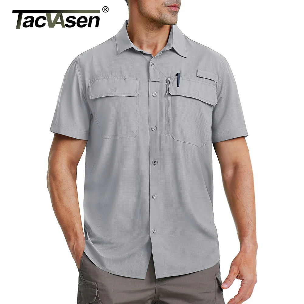 TACVASEN Quick Dry Short Sleeve Shirts Men's UPF 50+ Sun Protection Work Cargo Shirts Mesh Breathable Hiking Fishing Shirts Man