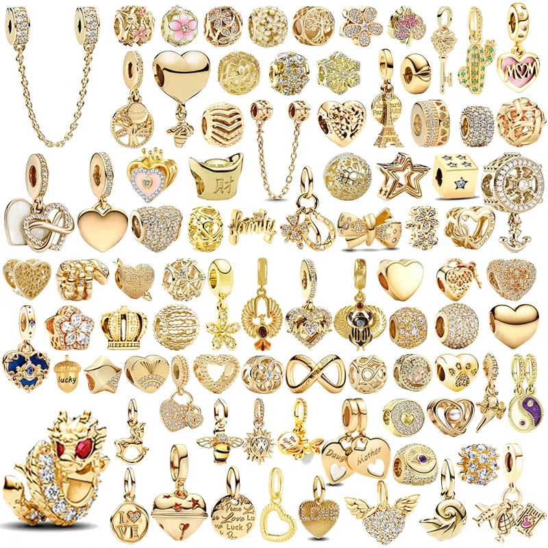 

Лидер продаж, модные ювелирные бусины, позолоченные сверкающие выравниваемые сердечки, подвеска в виде китайского дракона, подходит для оригинального серебряного браслета, подарок