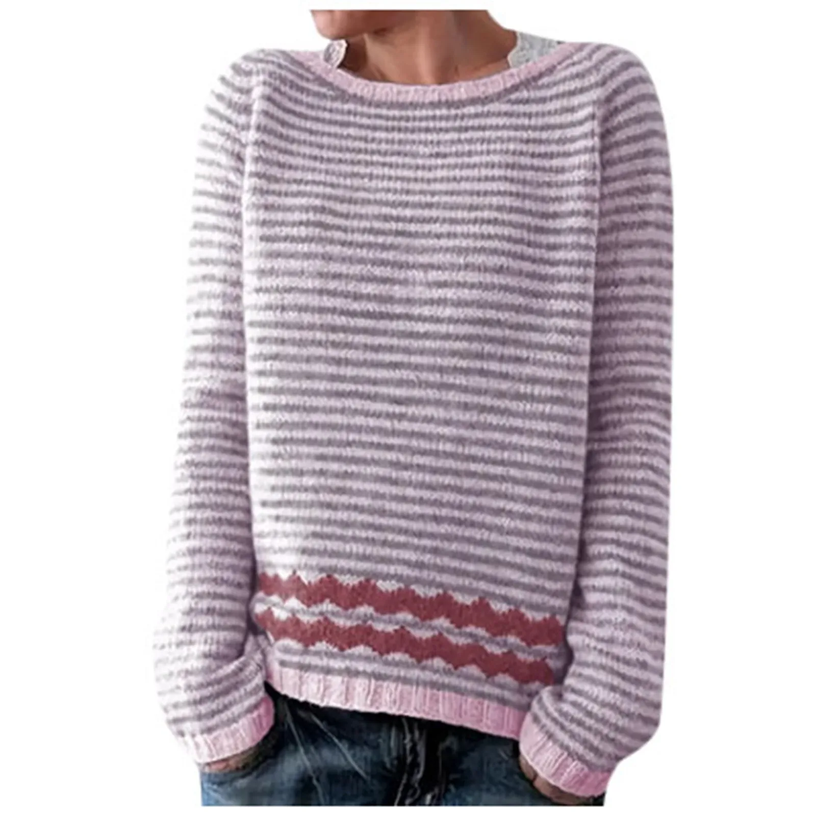 Color Blocked Round Neck Loose Knit Sweater Trendy Comfortable Casual Top Pullover Plus Size Lazy Style Soft Sweaters Women