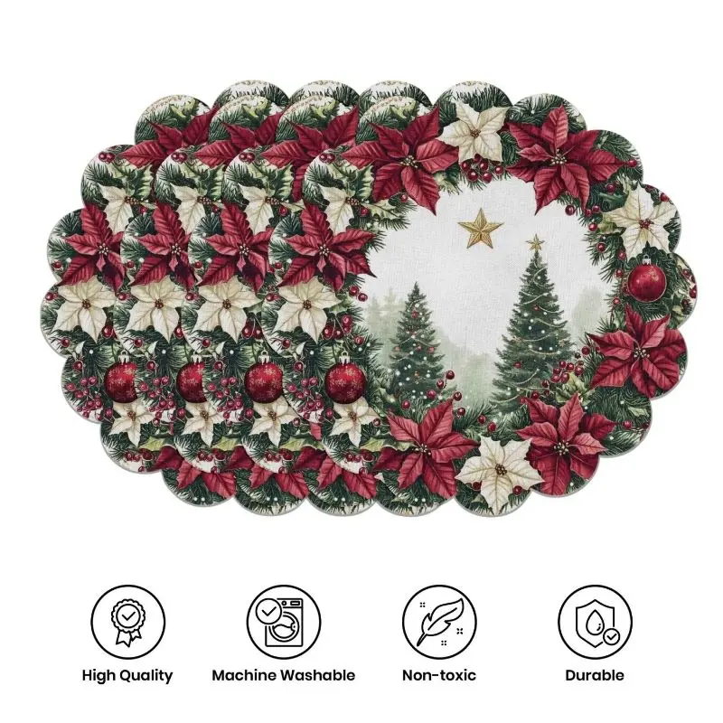 VIKAMA 2/4/6PCS Christmas Placemats, Christmas Ball Pinecone Winter Table Mat, Washable Holiday Party Dining Table Decor