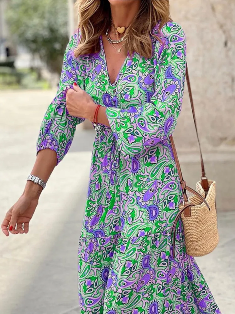 Women's New Autumn Fashion Printed Long Dress Sexy V-neck Long-sleeved Tie Waist Bohemian Style Casual And Comfortable Dress