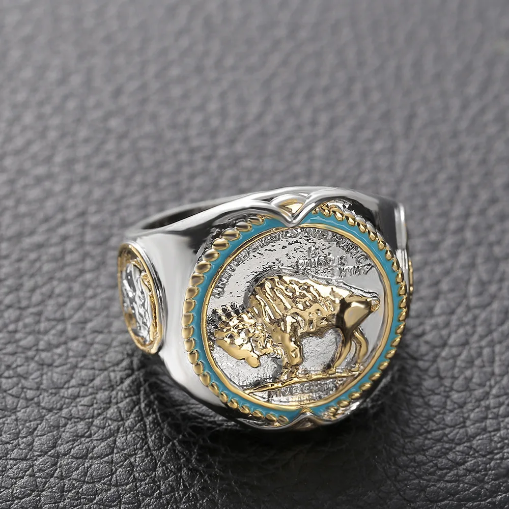 American Western Viking Cowboy Ring for Men Luxury Two Tone Round Shape Carving Buffalo Coin Rings Banquet Antique Jewelry