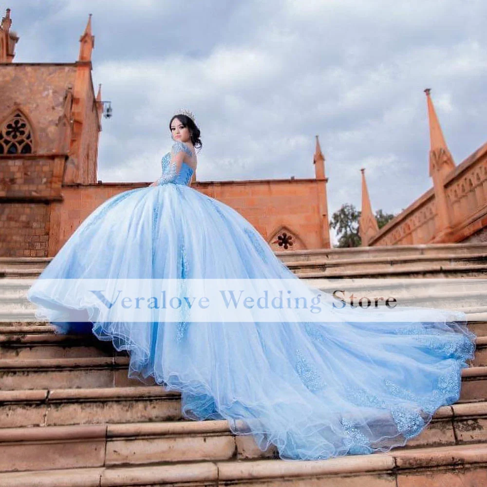 أزرق فاتح فساتين Quinceanera, ثوب حفلة, أكمام طويلة, دانتيل زينة, فستان مشد, 15 سنة