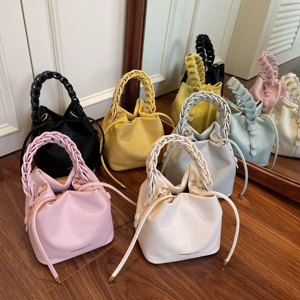 

Korean-style Soft-leather Woven Bucket Bag Large-capacity Lightweight Crossbody Bucket Bag Drawstring Design Handbag Travel
