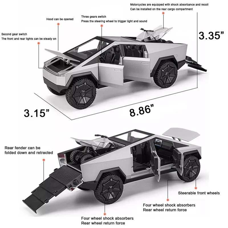 1Set Cyber Toy Truck Pickup Trailer Alloy Car Model Diecasts Metal Toy Off-road Vehicles Truck Model Sound And Light Kids Gifts