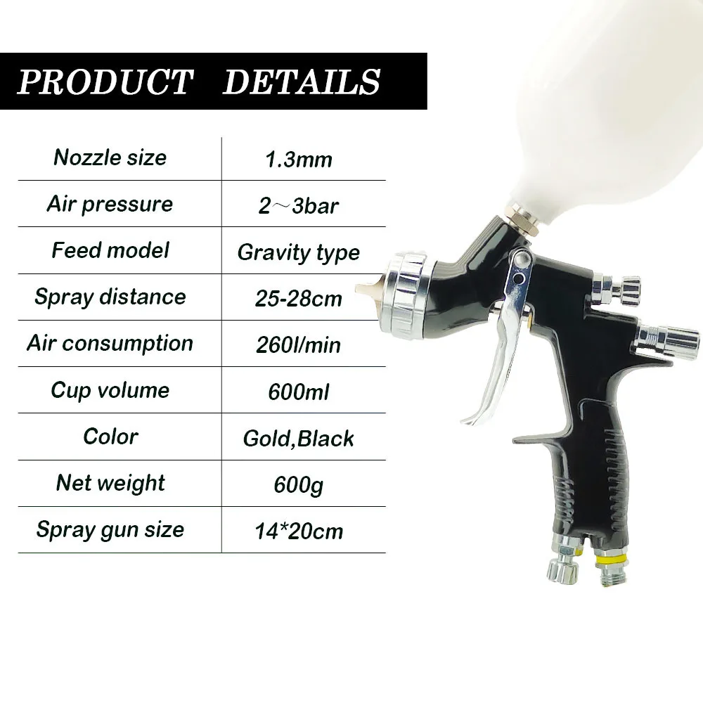 HVLP Car Painting Gun 1.3/1.8mm Black Spray Gun High Quality With Mixing Cup No-Clean Tank For Car Painting