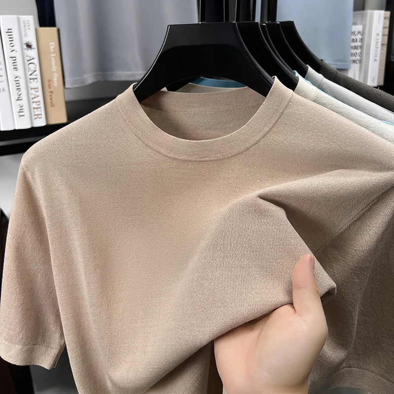 75,4% лиоцелловый трикотаж для мужчин, весна-лето 2021, повседневная вязаная футболка с круглым вырезом и коротким рукавом, дышащие льняные вязаные топы