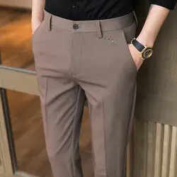 남성용 스마트 캐주얼 패션 하이 엔드 캐주얼 바지, 단색 트렌디 자수 단추, 지퍼 포켓, 다목적 스트레이트 바지, 여름