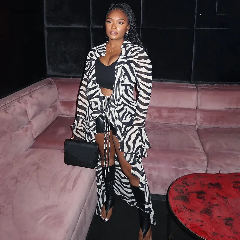 

Yomesugar Sexy Zebra Stripe Chiffon Tops Women V-neck Full Sleeve Lace-Up Asymmetrical Long T-shirts Party Club Y2k Streetwear