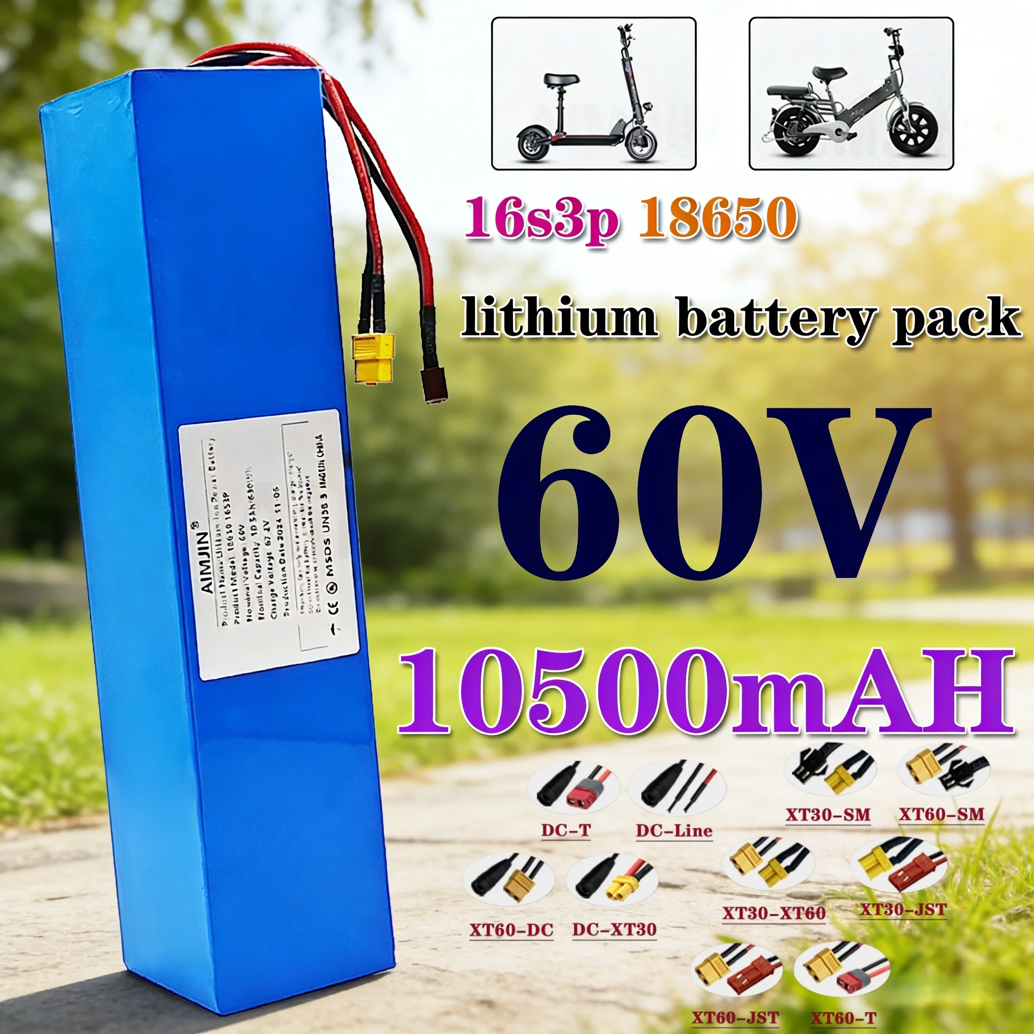 

Мощный литиевый аккумулятор 60В, новый аккумулятор 10.5Ач (10500мАч) 18650 1500Вт со встроенной BMS, литий-ионный аккумуляторный блок 16S3P