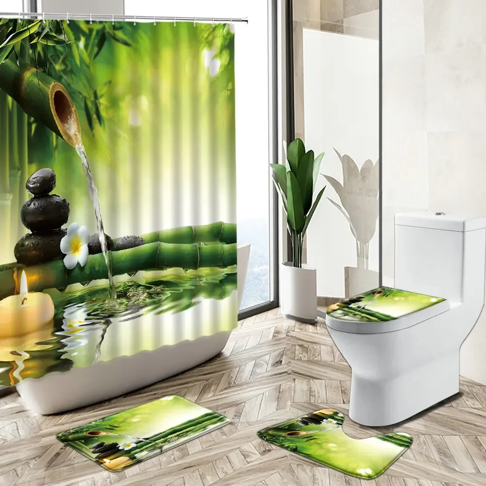 Zen Shower Curtain Set Spa Water Orchid Flower Stone Green Bamboo Non-Slip Pedestal Rug Toilet Cover Bath Mat Home Bathroom Deco