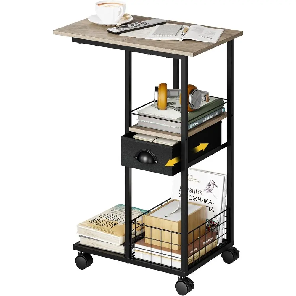

Ivory C-Shaped Side Table with Storage, Portable Desk on Wheels, Ideal for Bedroom, Living Room, Dorm