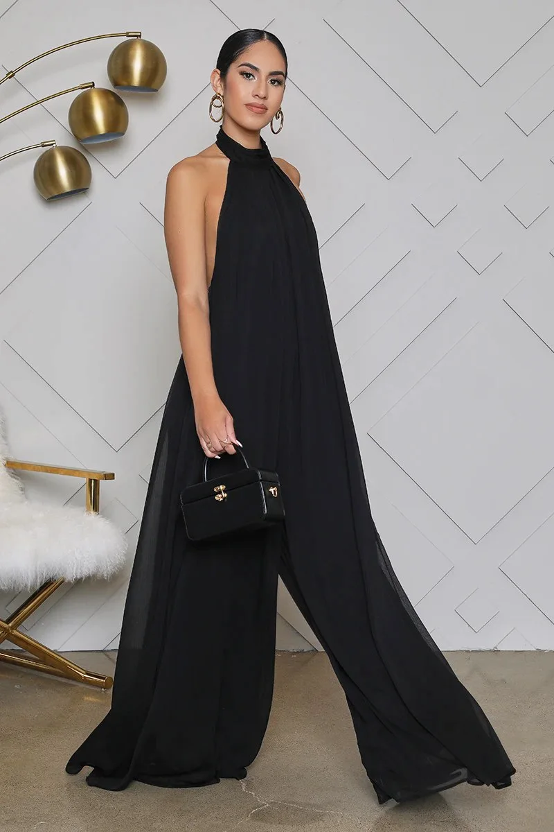 Women Sleeveless Halter Jumpsuit with Wide Leg Solid Color Backless Cool Summer Clothing