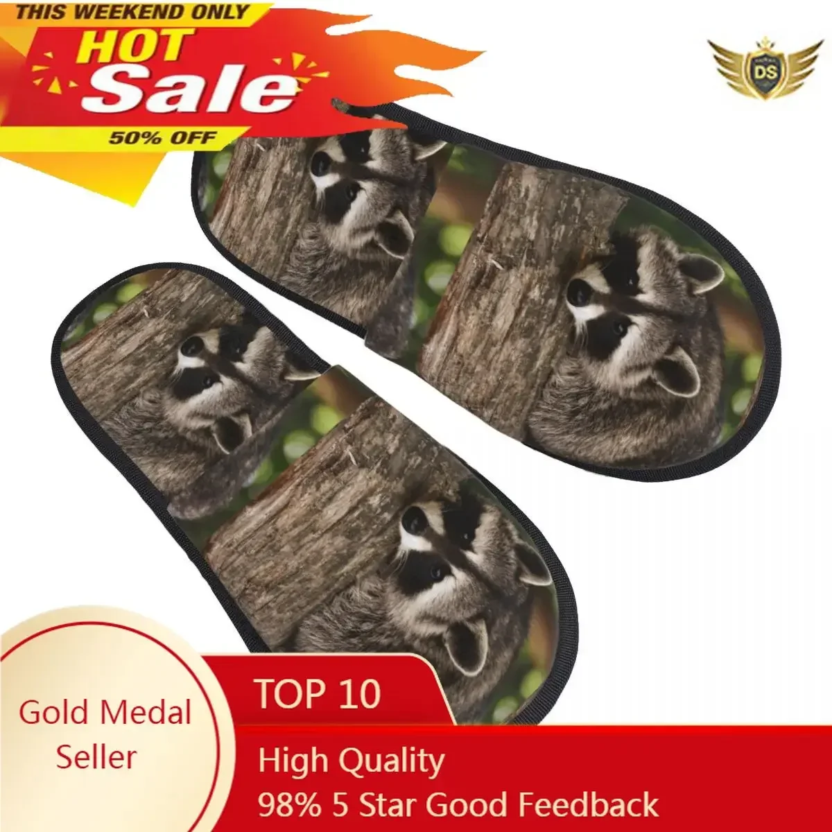 

Men Women Plush Indoor Slippers Raccoon On Wood Warm Soft Shoes Home Footwear Autumn Winter