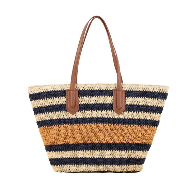 New Striped One-Shoulder Bag Straw Bag Korean Version Ins Sen Series Holiday Hand-Woven Beach Handbag Leisure Women Bag